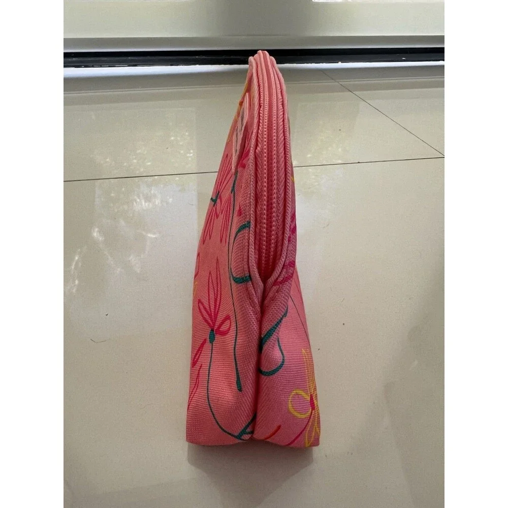Clinique X Drawbertson Pink Floral Makeup Bag Zipper Cosmetic Pouch Travel NEW